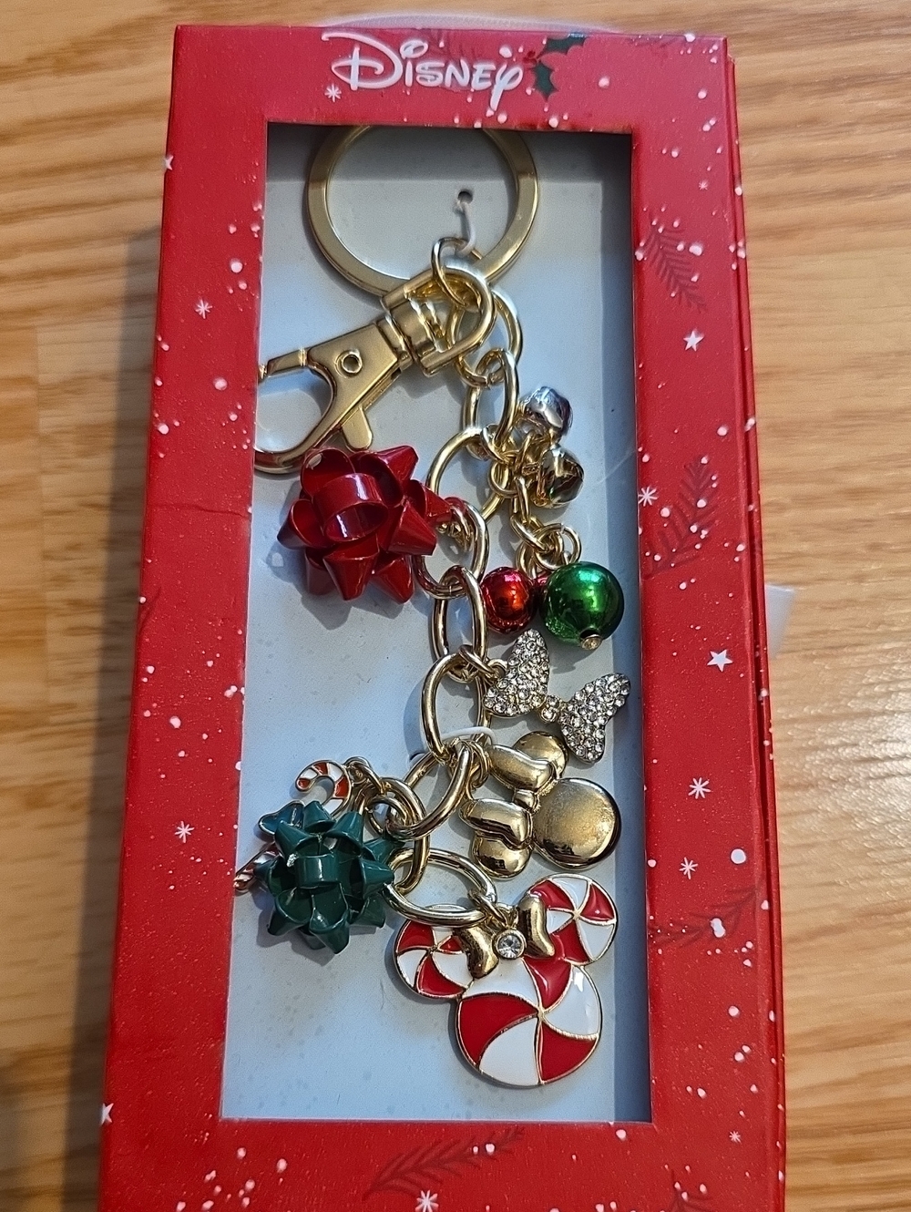 Disney Gold-Tone Holiday Charm Keychain with Red, Green, White & Gold Accents